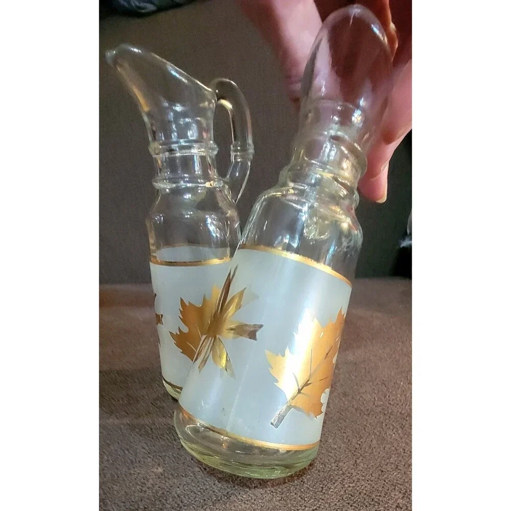 VTG Mid-Centry Frosted Cruet Oil Vinegar Set Gold Leaves Anchor Hocking Starlyte